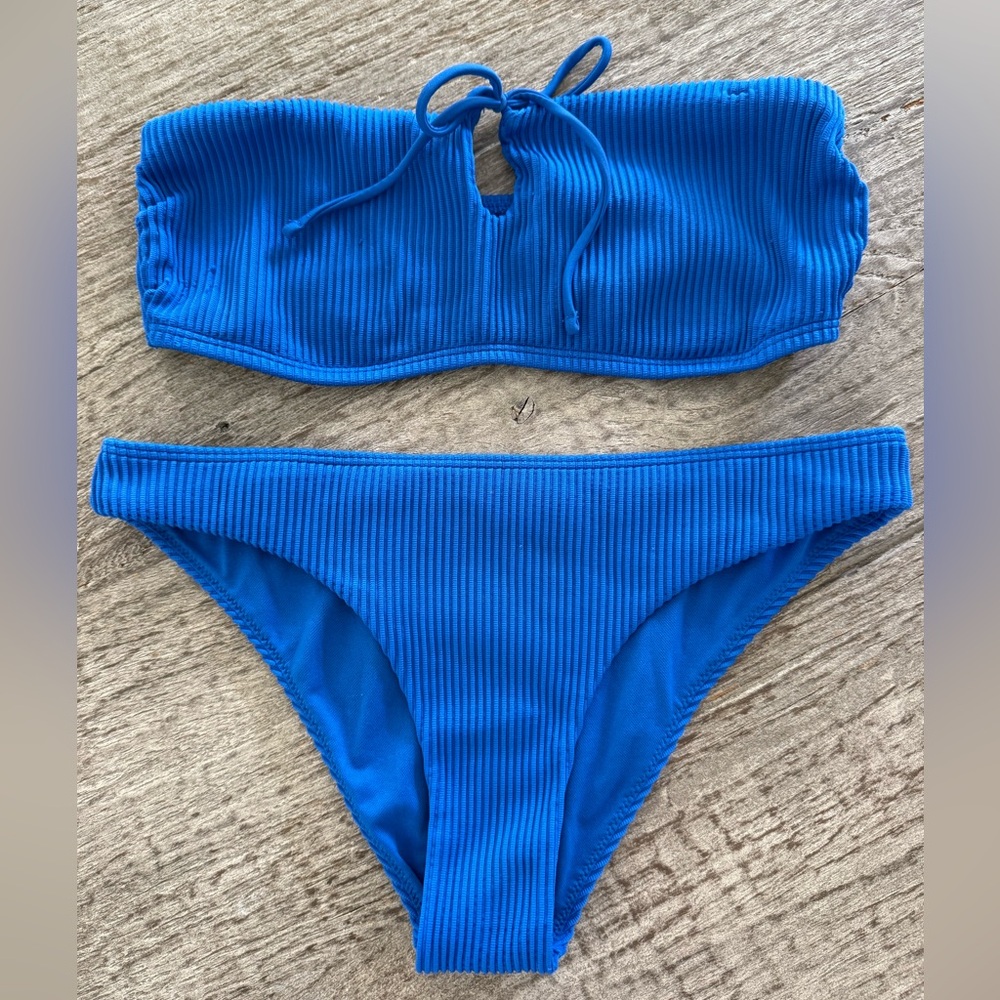 Hollister ribbed bandeau bikini bottoms size small top size medium royal blue